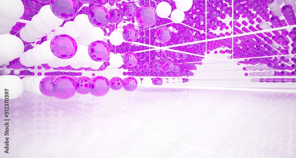 Obraz premium Abstract white interior from array colored gradient glasses spheres with large window. 3D illustration and rendering.