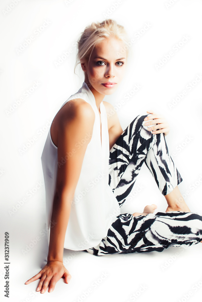 Fototapeta premium young pretty woman with blond hair on white background isolated, sensual makeup, fashion look, lifestyle people concept