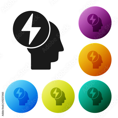 Black Head and electric symbol icon isolated on white background. Set icons colorful circle buttons. Vector Illustration
