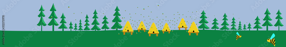 Fototapeta premium Bee hives with the bees in the middle of the forest. Illustrations. Vector. Bee. Bee-hive. Trees. Forest. Coniferous trees.