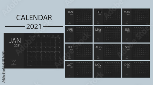 Dark calendar 2021 with week starts on Sunday. Minimal black planner vector template date desk. Modern design office organizer. Schedule number style diary