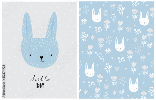 Lovely Card and Seamless Vector Pattern with Cute Bunny and Abstract Garden. Lovely Rabbit Boy on a Light Gray Background. Blue Baby Shower Vector Print for Card, Wall Art,Fabric, Textile, Invitation.