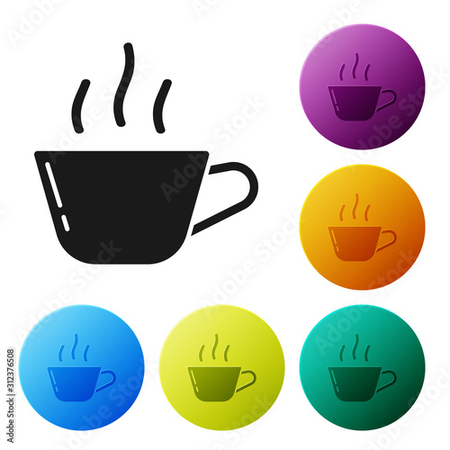 Black Coffee cup icon isolated on white background. Tea cup. Hot drink coffee. Set icons colorful circle buttons. Vector Illustration
