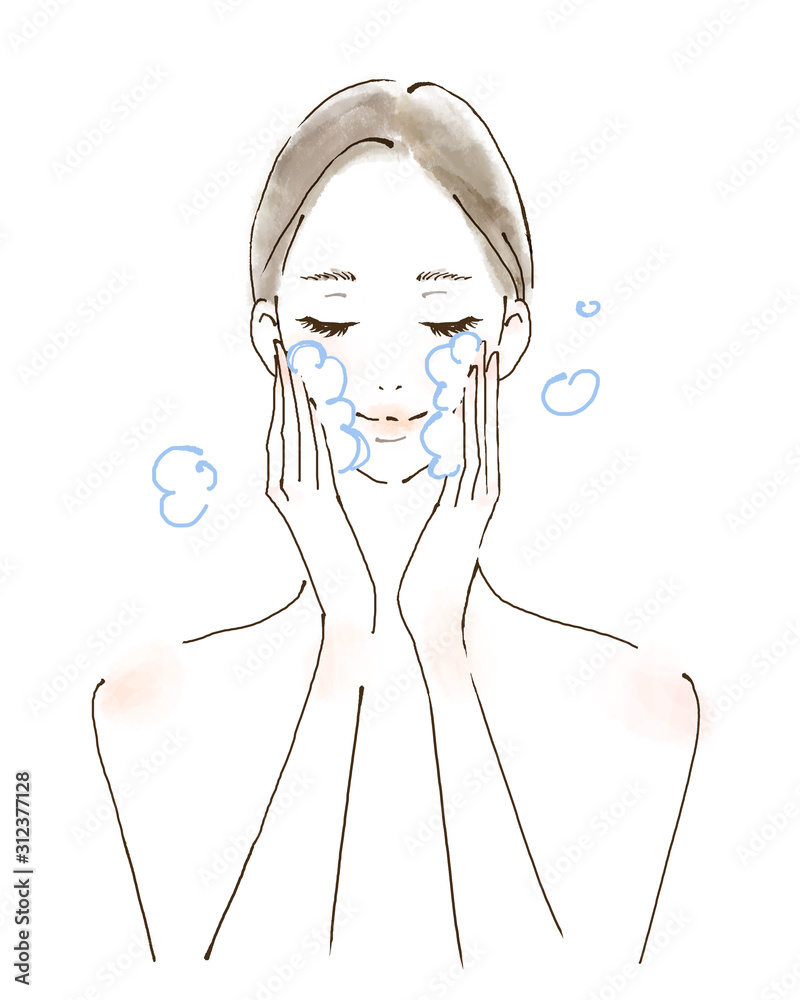 顔を洗う女性 潤い美容ケア すすぎ 手書きイラスト 水彩風 Stock Illustration Adobe Stock