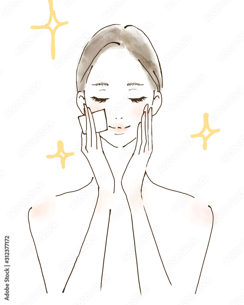 メイクを落とす女性 パッティング 保湿 水彩風のイラスト Stock Illustration Adobe Stock