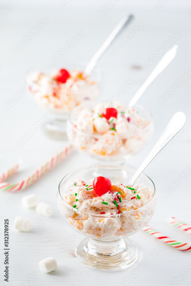 Ambrosia salad in glass dishes. Ambrosia salad in glass dishes.