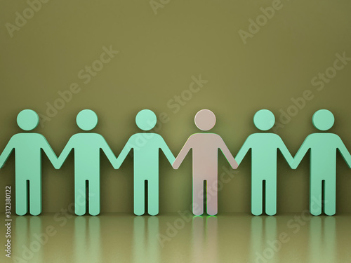 grupa ludzi trzymająca się za ręce jeden inny na zielonym tle z cieniem wyróżnij się z tłumu kreatywny pomysł render 3d