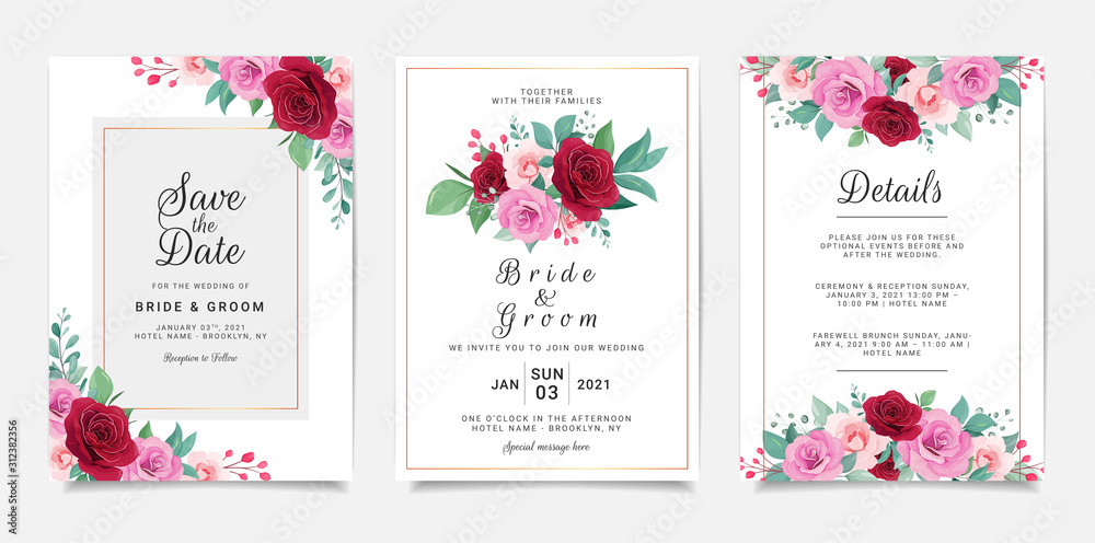 Wedding invitation card template set with flowers and gold geometric decoration. Burgundy and purple roses botanic illustration for background, save the date, greeting, poster, cover vector