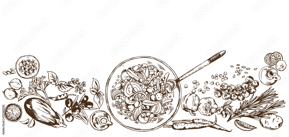 Hand drawn realistic mediterranean food ingredients background. Stock ...