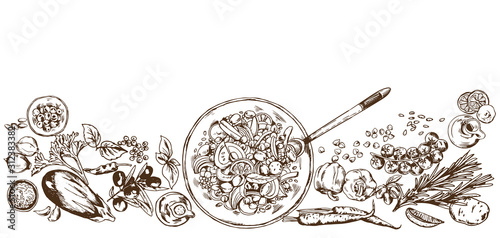 Hand drawn realistic mediterranean  food ingredients background.