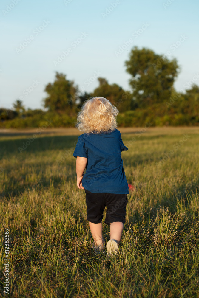 Curly blonde hair little boy toddler child running away in grass outside in his yard chasing ball at sunset golden hour Curly blonde hair little boy toddler child running away in grass outside in his yard chasing ball at sunset golden hour