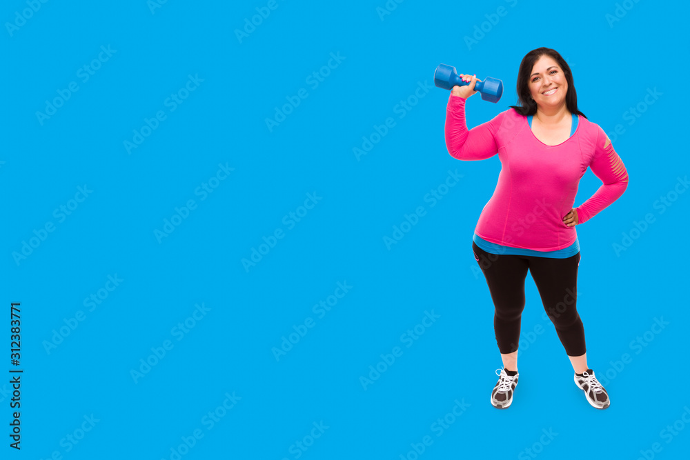 Middle Aged Hispanic Woman In Workout Clothes Holding Dumbbell Against A Bright Cyan Blue Background