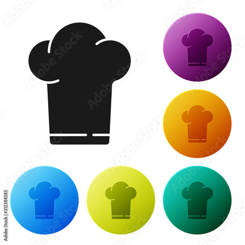 Black Chef hat icon isolated on white background. Cooking symbol. Cooks hat. Set icons colorful circle buttons. Vector Illustration