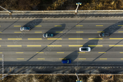 Magic City Traffic on the Bridge in winter without snow. Top View. photo