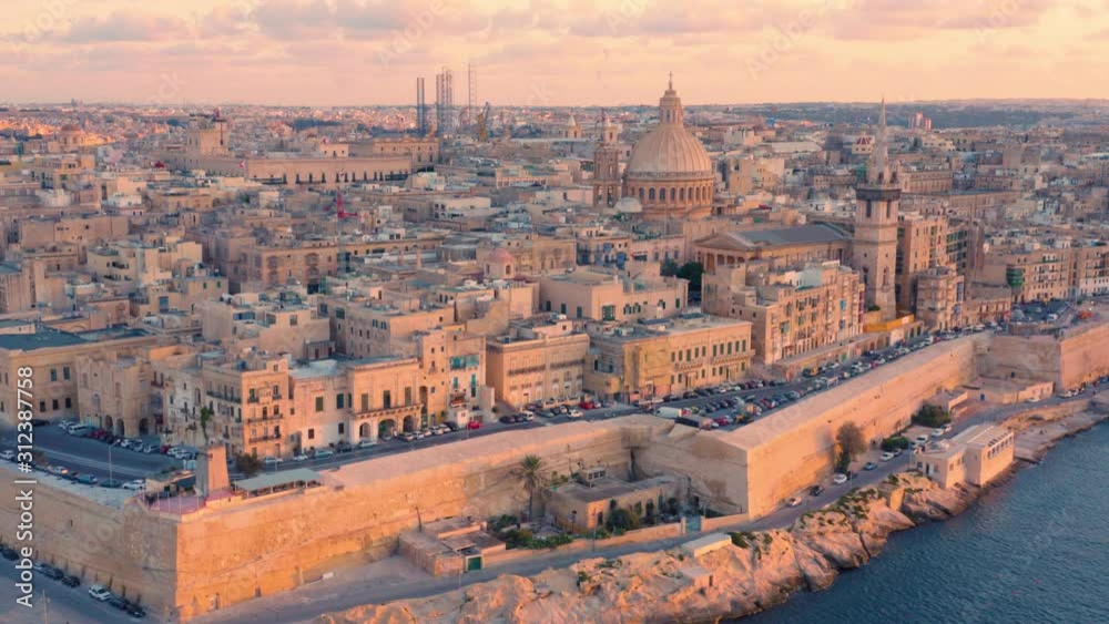 Valletta, Malta. Aerial view of Basilica of Our Lady of Mount Carmel at sunset Valletta, Malta. Aerial view of Basilica of Our Lady of Mount Carmel at sunset