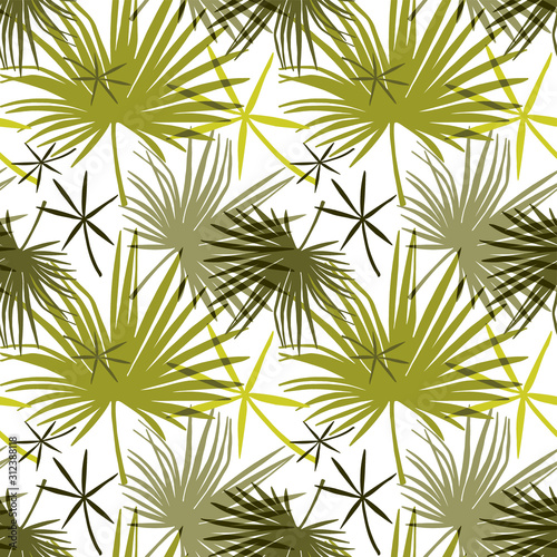 Vector tropical seamless pattern of green jungle leaves. Vector flat cartoon illustration for design of fabric, packaging, cards, banners, greeting cards. White background. Modern style