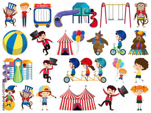 Large set of isolated objects of kids and circus