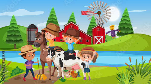 Scene with kids and animals on the farm