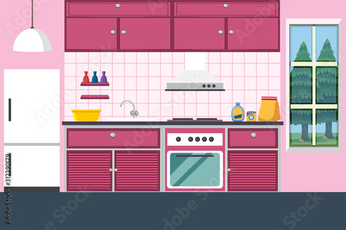 Kitchen with furniture in pink