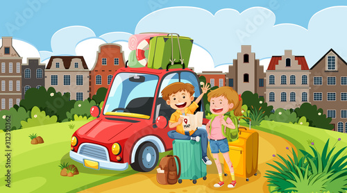 Background scene with tourists and car on the road © brgfx