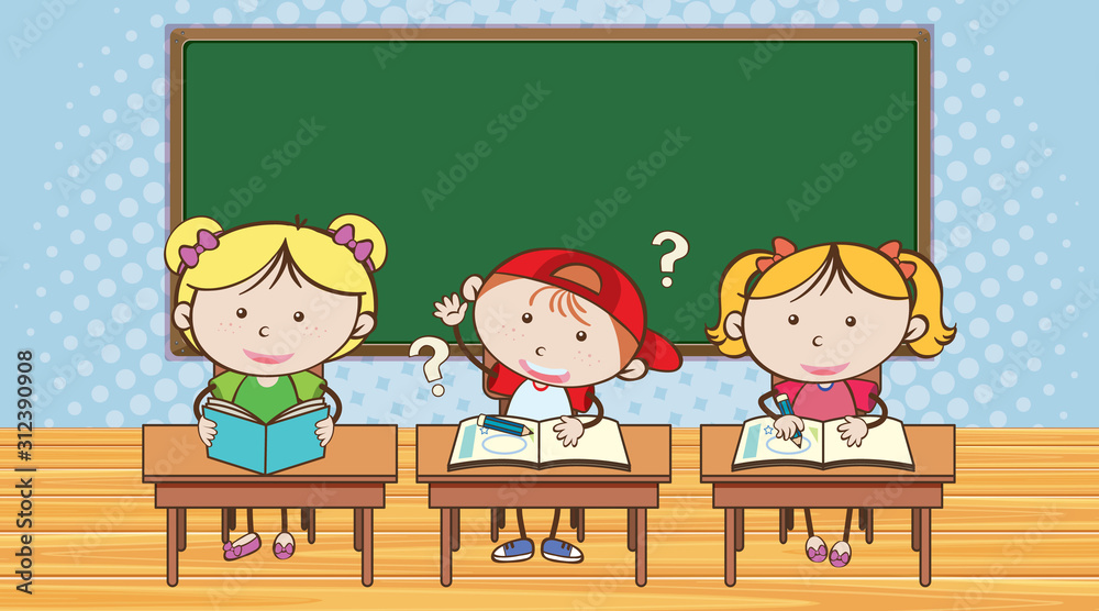 Three students asking questions in classroom Three students asking questions in classroom