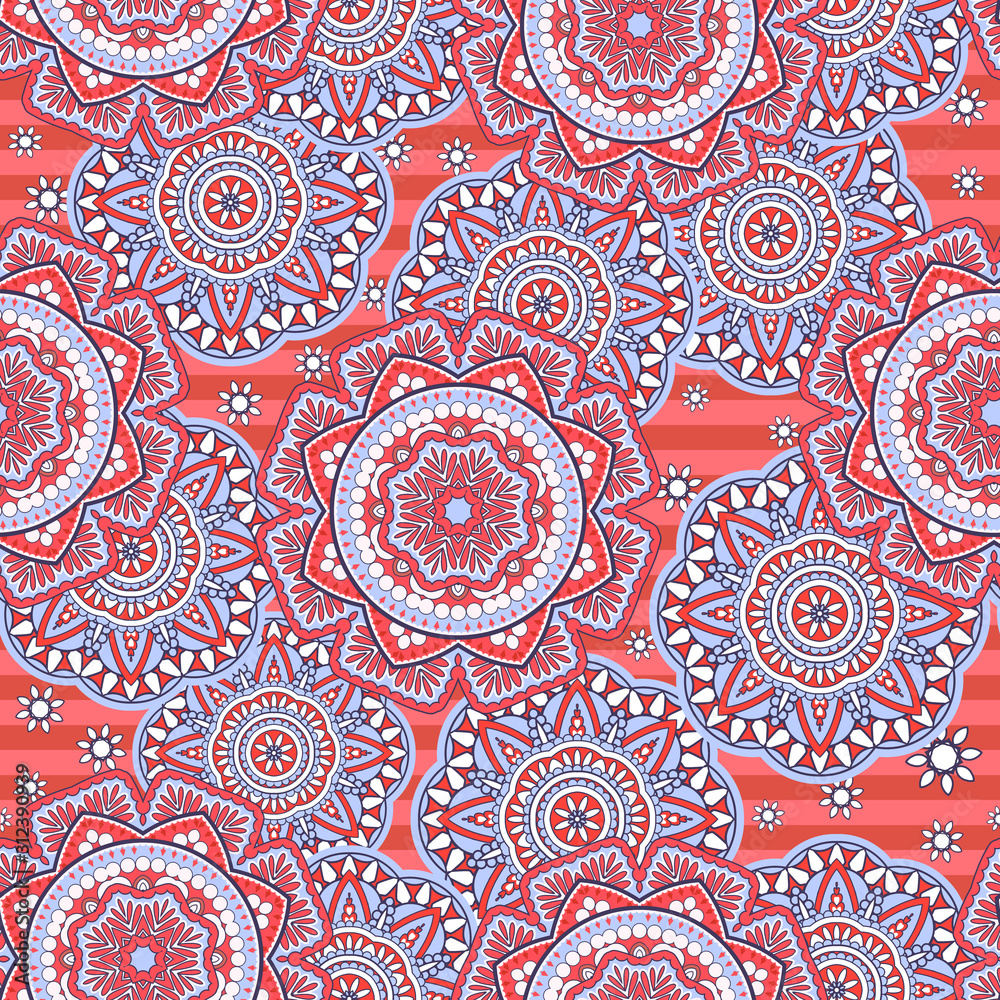 Seamless ornamental oriental pattern. Repeating striped tiles with mandala. Vector laced decorative background with floral and geometric ornament. Indian or Arabic motive. Boho festival style