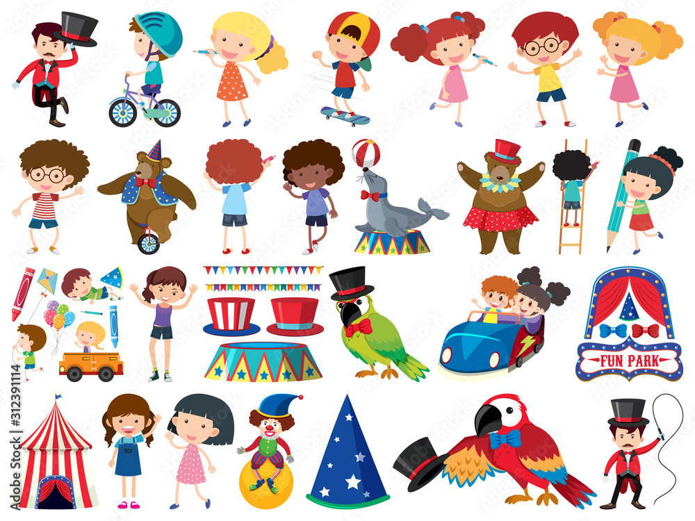 Large set of isolated objects of kids and circus Large set of isolated objects of kids and circus