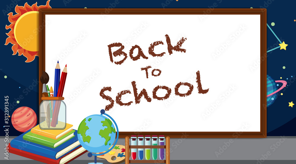 Back to school sign with many school items