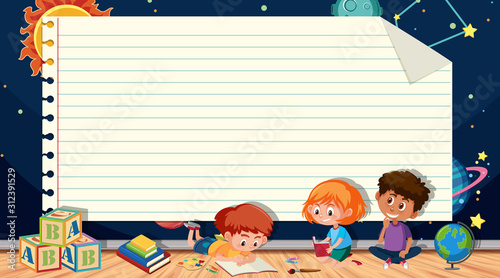 Paper template with kids reading books and space background
