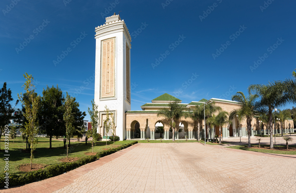 Traditional and typical moroccan architectural details. Mosque in Kenitra, Province West Chrarda Beni Hussein, Morocco. Construction detail, sunny day.