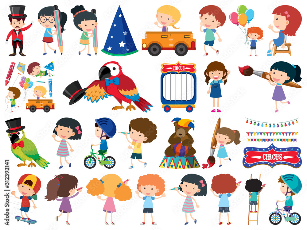 Large set of isolated objects of kids and circus Large set of isolated objects of kids and circus