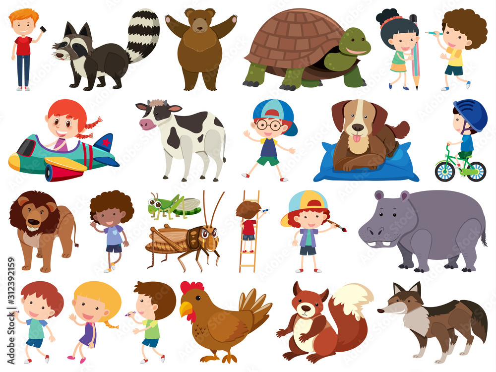 Set of isolated objects theme animals and kids