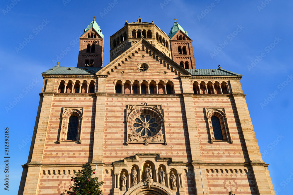 Facade of famous landmark roman catholic Speyer Cathedral, a major monument of Romanesque art in the German Empire