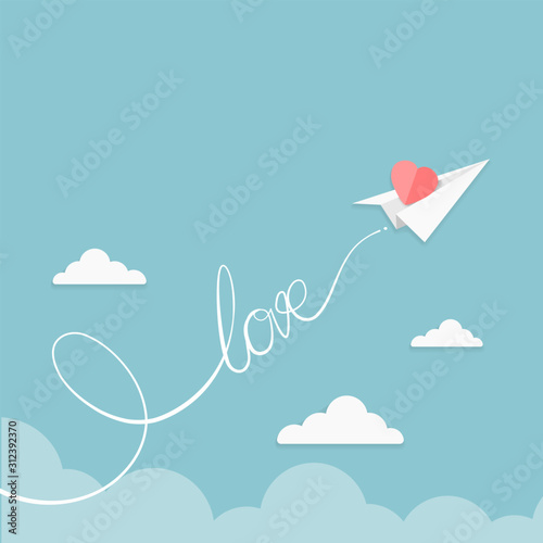 Valentine illustration of paper airplane flying in the sky with a heart