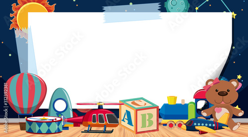 Border template with many toys on the floor