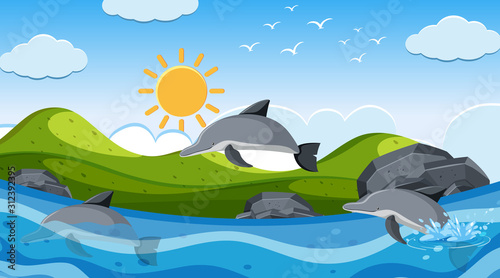 Background scene with dolphin swimming in the sea