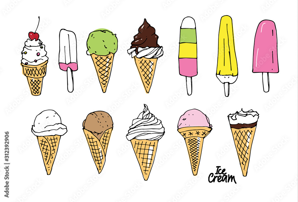 Collection of 12 vector ice cream illustrations isolated on white background. Vector illustration. Collection of 12 vector ice cream illustrations isolated on white background. Vector illustration.