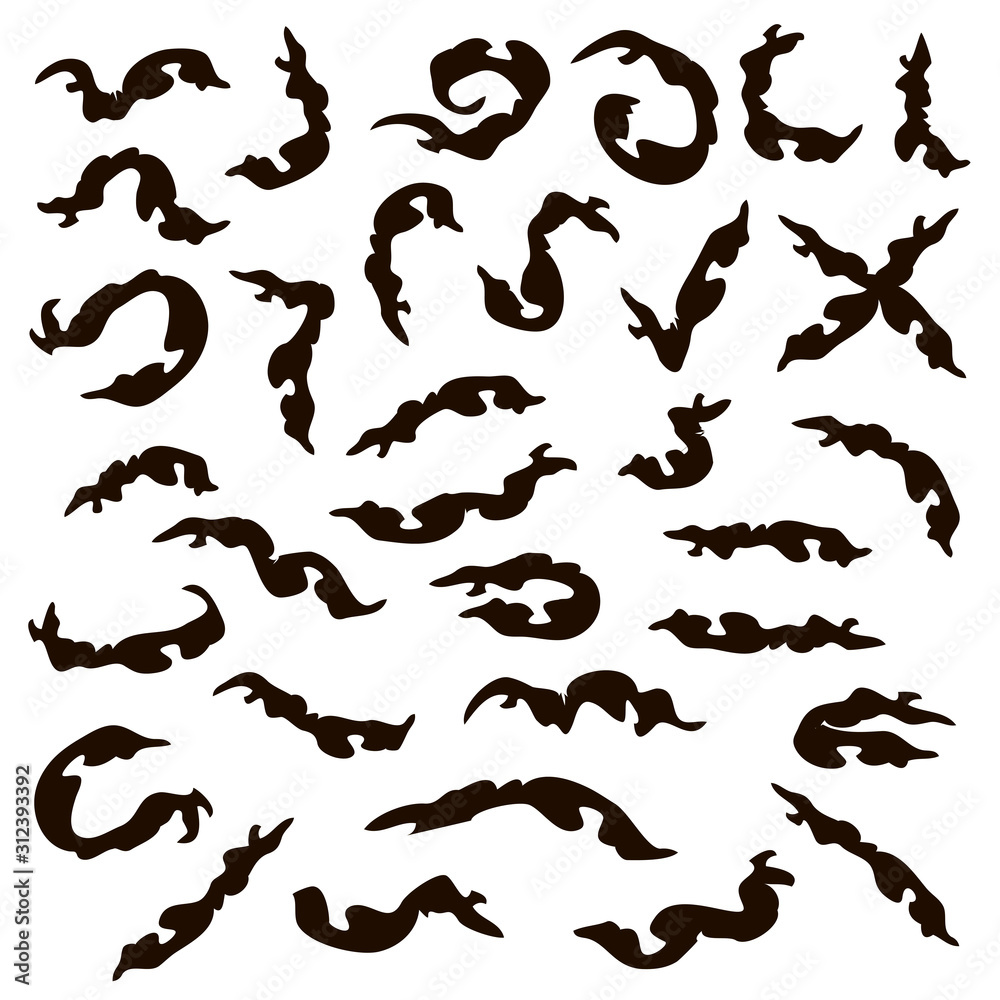 Set of vector black curvy spots of isolated objects on a white background.