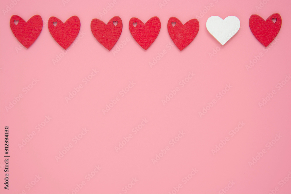 Red hearts Valentines mock up, pink background frame, border. Copy space.