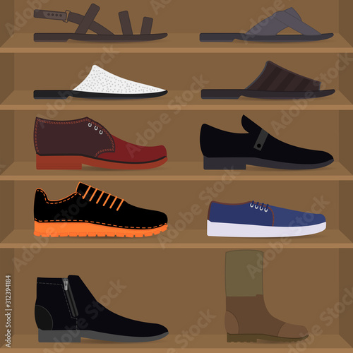Men's shoes on the shelves. Side view. Set with different types of men fashion footwear. Collection of autumn, winter, spring and summer men shoes, including slippers, boot, sneakers, sandals.