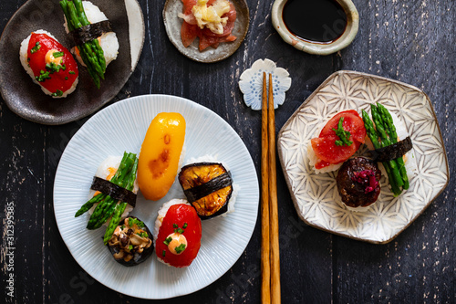 Vegan sushi with tomato  mushroom and aubergine