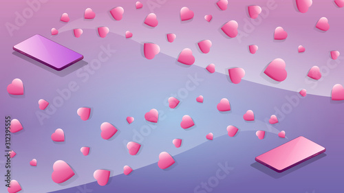 Happy St Valentine's day  ! St Valentines Pattern illustration, smartphone send messages with love, and they fly in envelopes with pink hearts