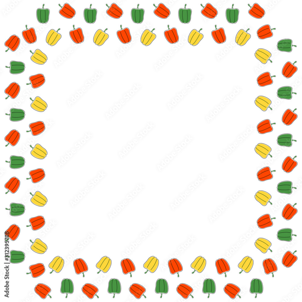 A square frame of bell peppers of red, green and yellow colors on a white background. Place for text. Vector. A square frame of bell peppers of red, green and yellow colors on a white background. Place for text. Vector.