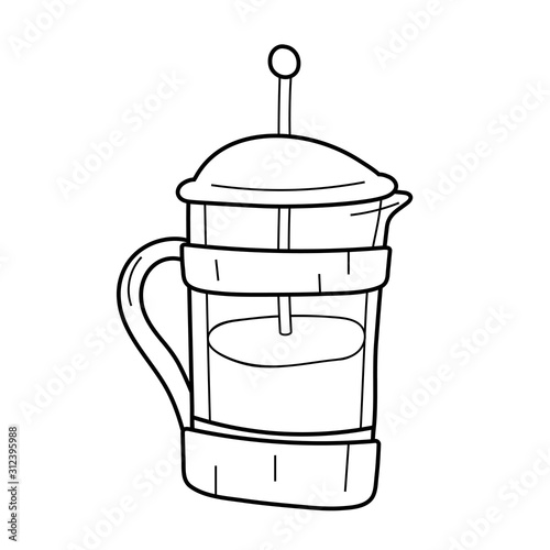 Utensil for brewing coffee, vector isolated line art, linear illustration of french press pot. Trendy outline ink style, good as icon, logo for coffee shop, hand drawn artwork.