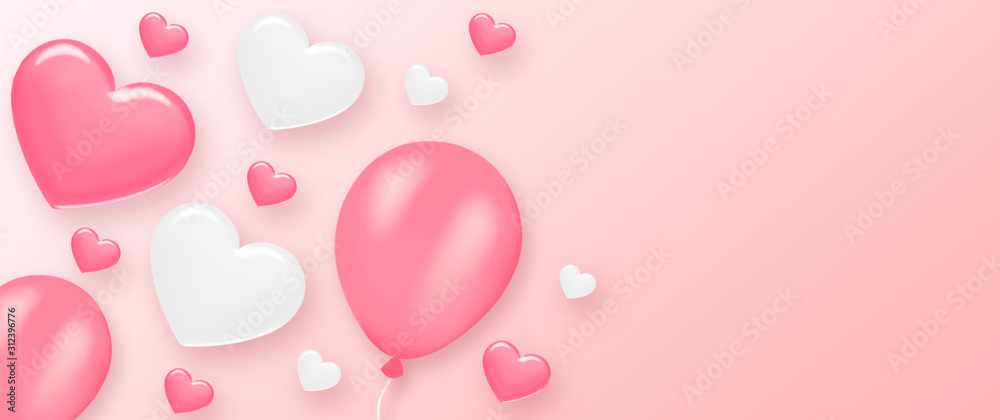 3d rendering of pink and white hearts with balloon isolated on pink background. Valentine day concept