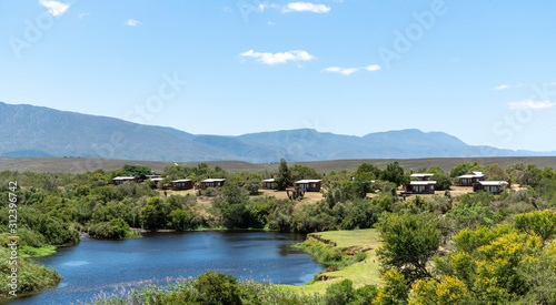 Swellendam  Western Cape  South Africa  December 2019. Campsite on the Breede River viewd from Aloe Hill on the Garden Route.