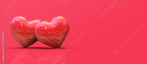 Two red glossy of hearts isolated on red background, valentine day concept. 3d rendering