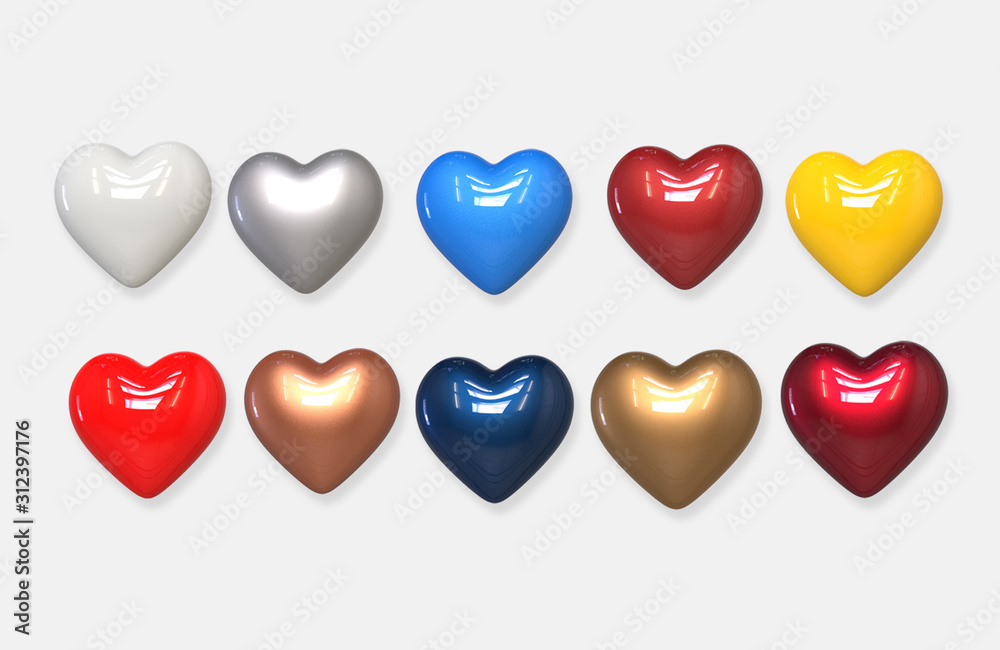3d rendering of hearts with shadow collection isolated on white background