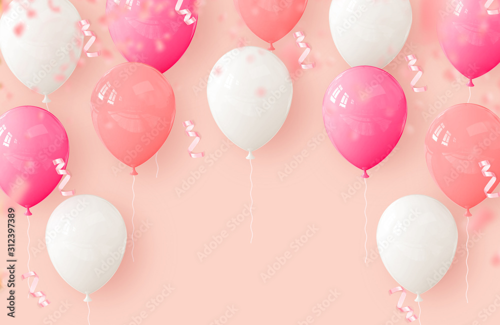 3d rendering of realistic balloons with confetti and ribbon isolated on pink background