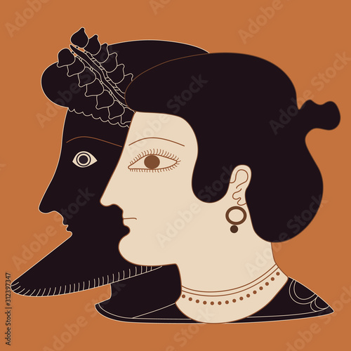 Isolated vector illustration. Two human heads in profile. Ancient Greek woman and god Dionysus.